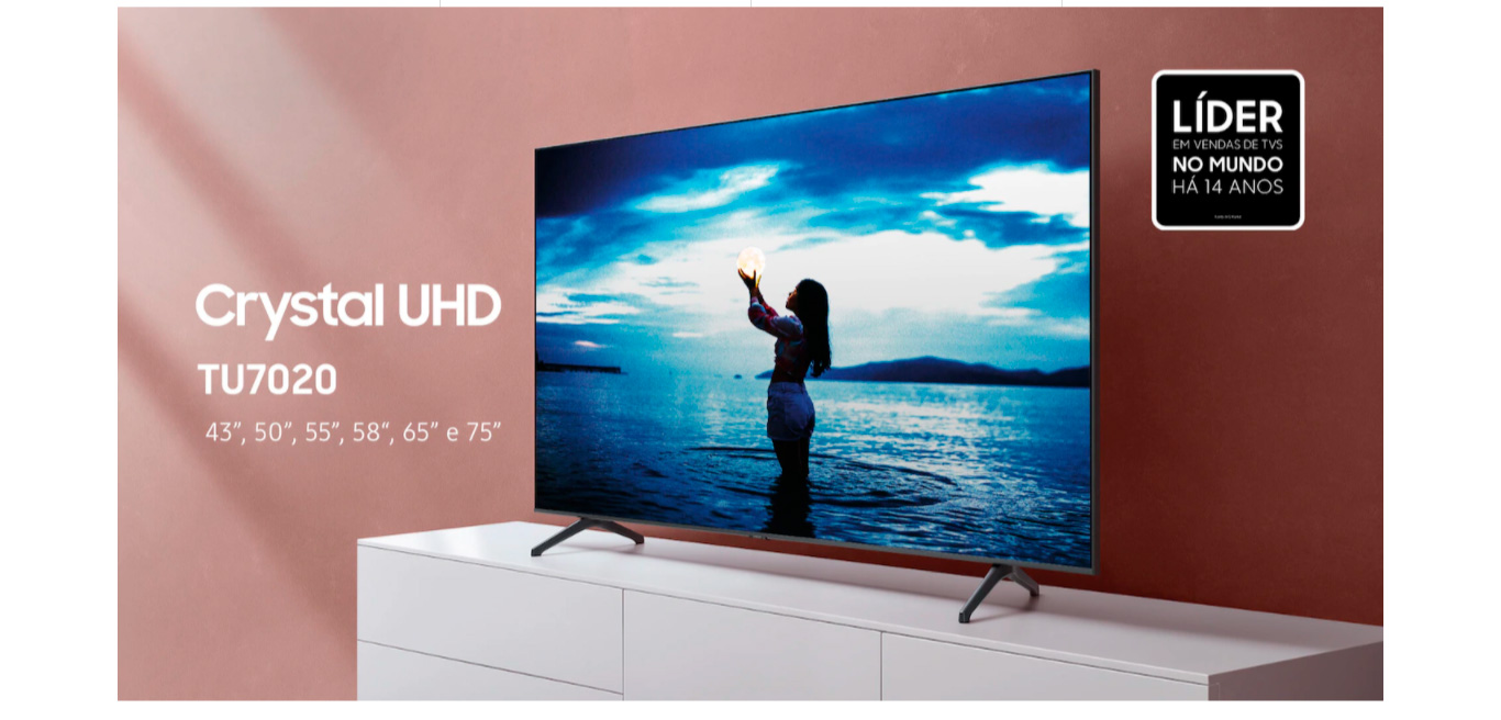  Smart TV 43 Crystal UHD TU7020 4K 2020 Samsung, 2 HDMI, 1 USB, Wi-Fi, Bluetooth 